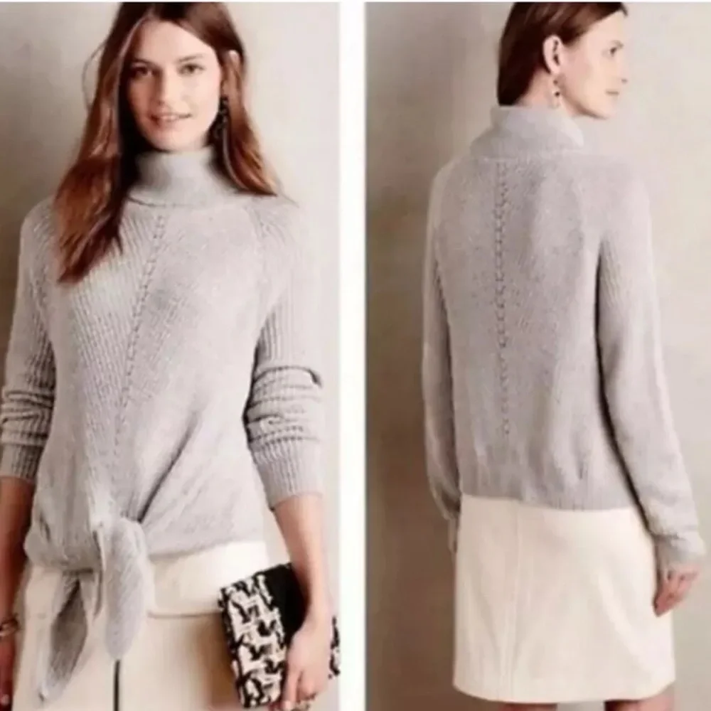 Anthropologie MOTH Cotton Cashmere Tie Front Cowl Neck‎ Sweater Gray Size Medium